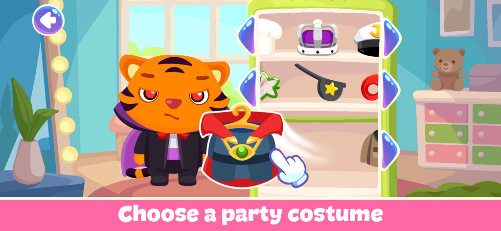 Baby Dress Up Games for Girls! - 어린이를 위한 드레스업 게임에서 파티 의상을 고르고 있는 만화 호랑이 캐릭터