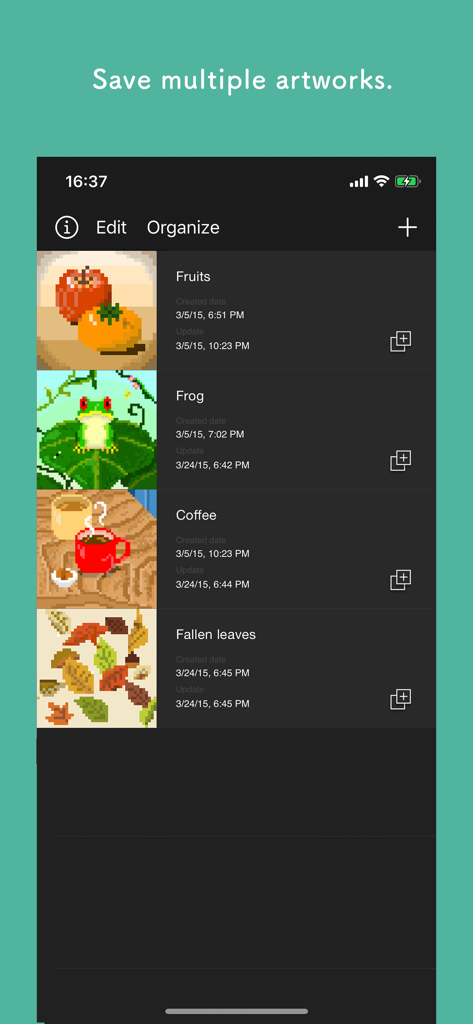 Pixel art editor - Dottable - - Une vue galerie de l'application Dottable affichant une liste de projets pixel art enregistrés, notamment des fruits, une grenouille, du café et des feuilles mortes.