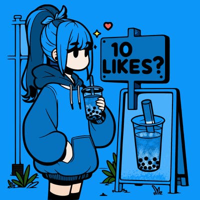 girl with oversized hoodie drinking boba and she has a high ponytail with a sign that says 10likes?