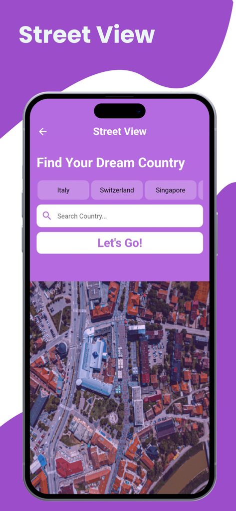 Street view search interface on the Live Satellite View and GPS Maps app showing a satellite map of an urban area.