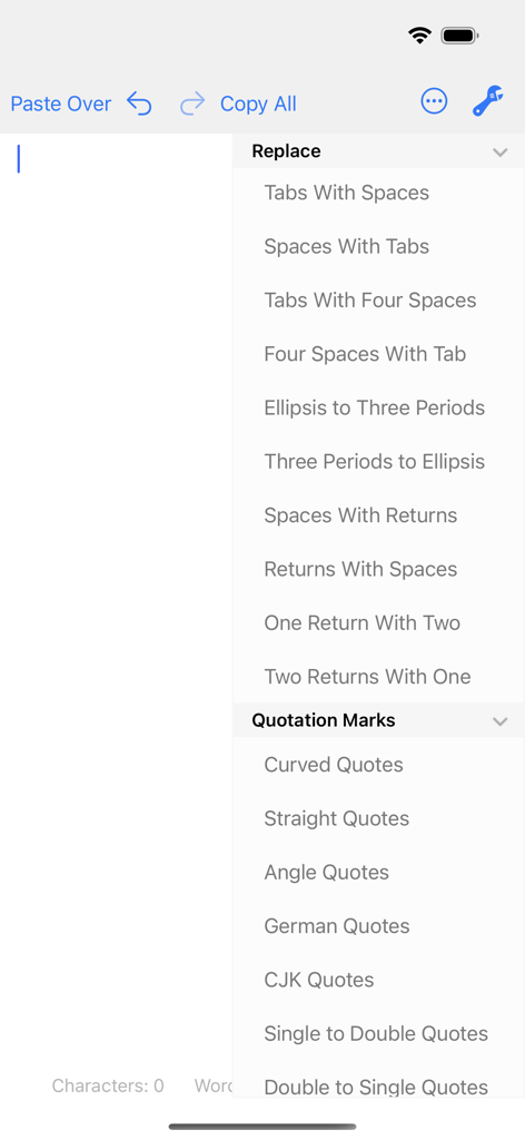Clean Text app interface showing menu options for replacing spaces tabs and quotation marks