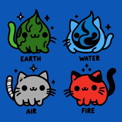 4 cats that represent the different elements, earth, water, air, and fire