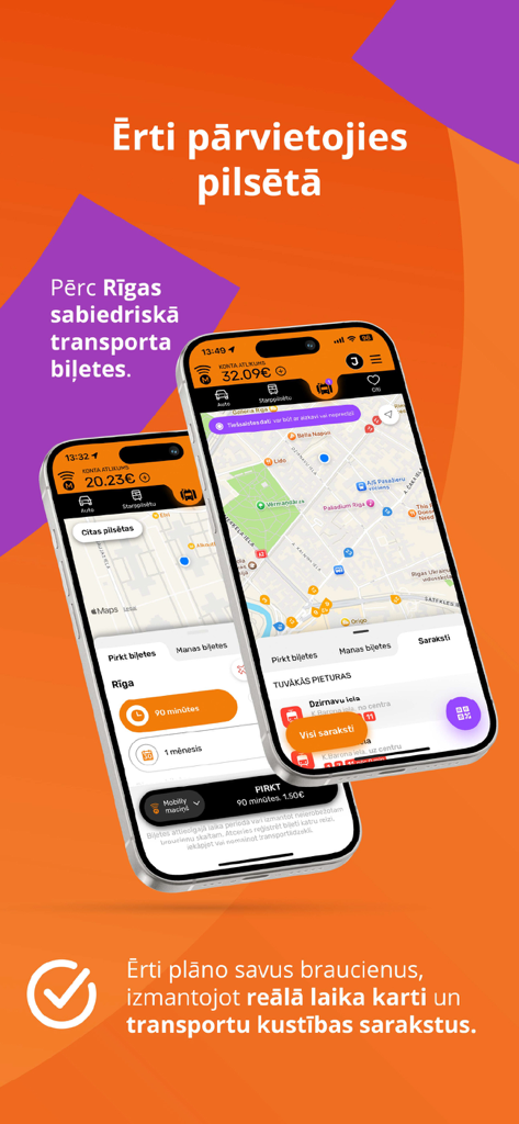 Mobilly - Mobilly app on iPhone showing public transport ticket options and real-time map for Riga.