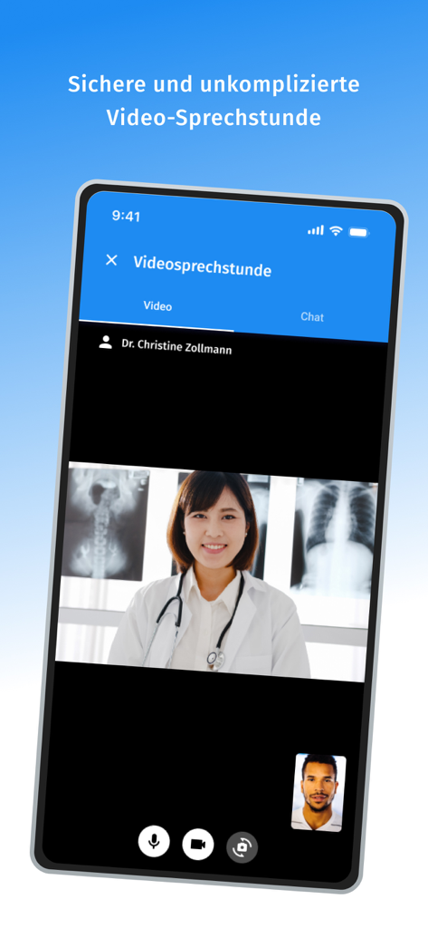 arzt-direkt - A smartphone displaying a secure video call between a female doctor and a male patient within the arzt-direkt app.