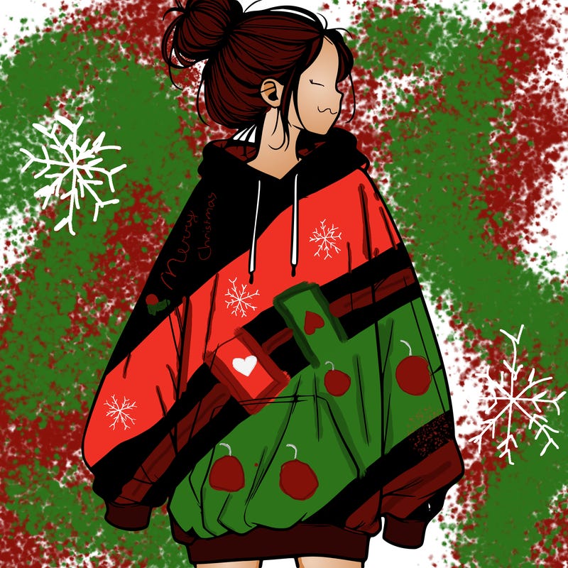 realistic girl with a oversized sweatshirt on and a bun