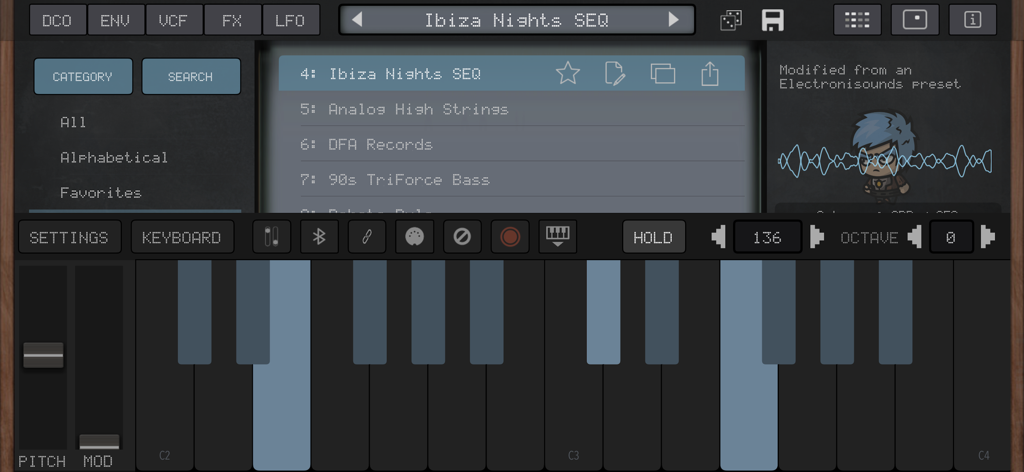 AudioKit Synth One J6 app interface showing the preset selection menu and a virtual piano keyboard
