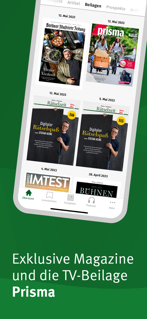 Berliner Morgenpost E-Paper - Tela do aplicativo Berliner Morgenpost E-Paper mostrando revistas e suplementos exclusivos como Prisma e Raetselzeit