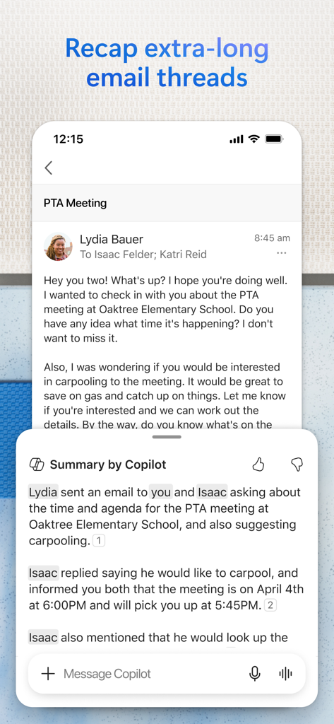 Microsoft Outlook mobile app displaying an AI-powered email thread summary by Copilot.
