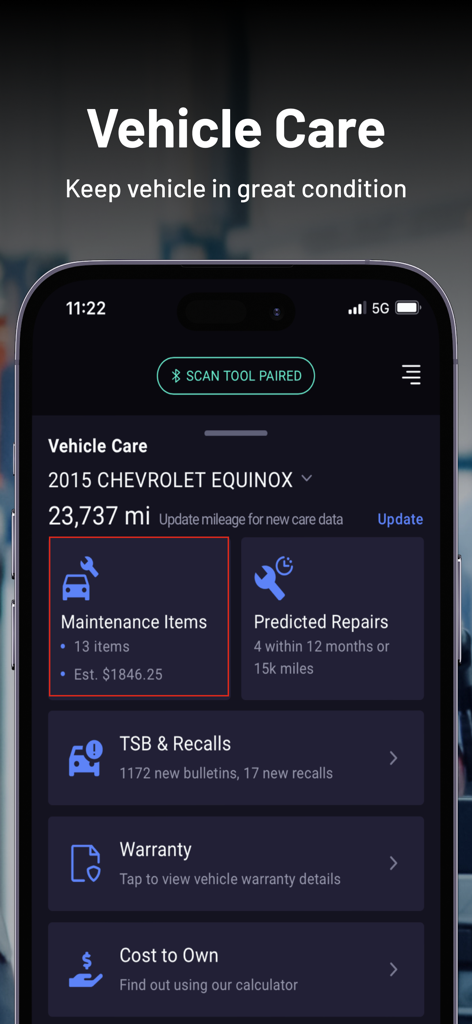 RepairSolutions2 app dashboard showing maintenance items and predicted repairs for a Chevrolet Equinox