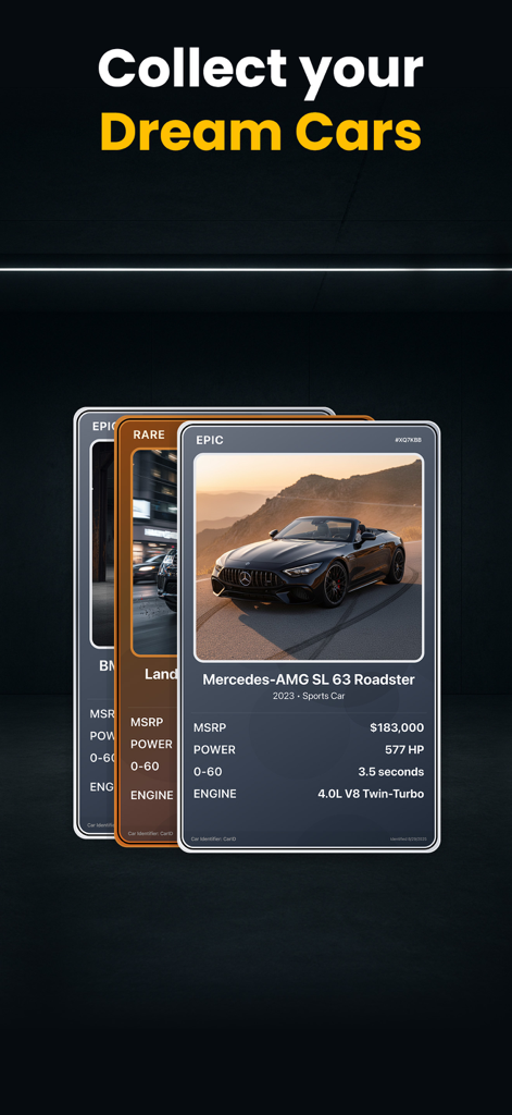 Digital collectible car cards with technical specifications and rarity levels