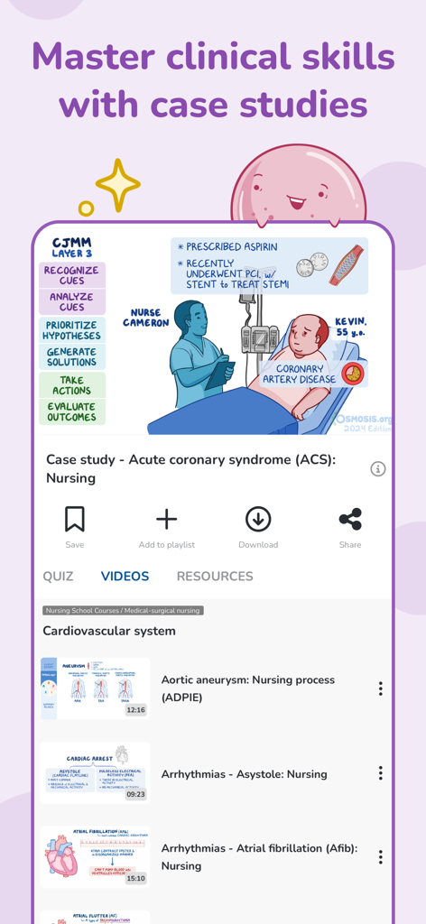 A screenshot of the Osmosis Nursing app showcasing a visual case study for acute coronary syndrome and a curriculum of cardiovascular system videos.