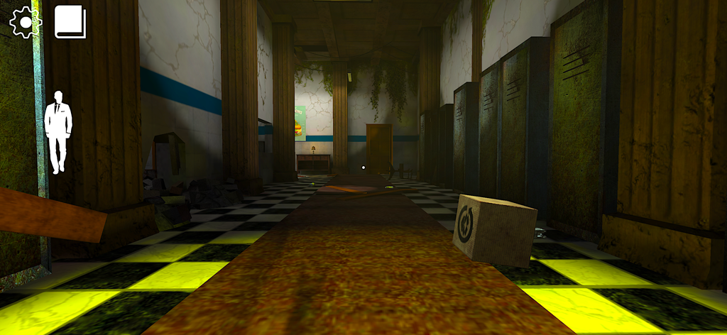 Erich Sann :epic horror games - Un pasillo oscuro y espeluznante de la academia en 3D con suelo a cuadros y casilleros en el juego de terror Erich Sann.