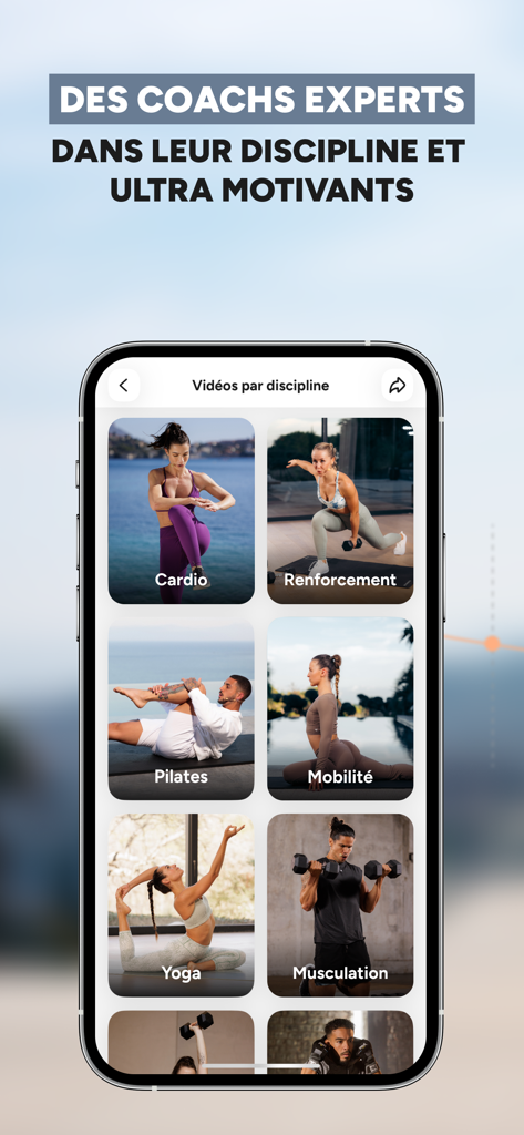 Trainsweateat app interface showing different workout categories including cardio pilates yoga and bodybuilding