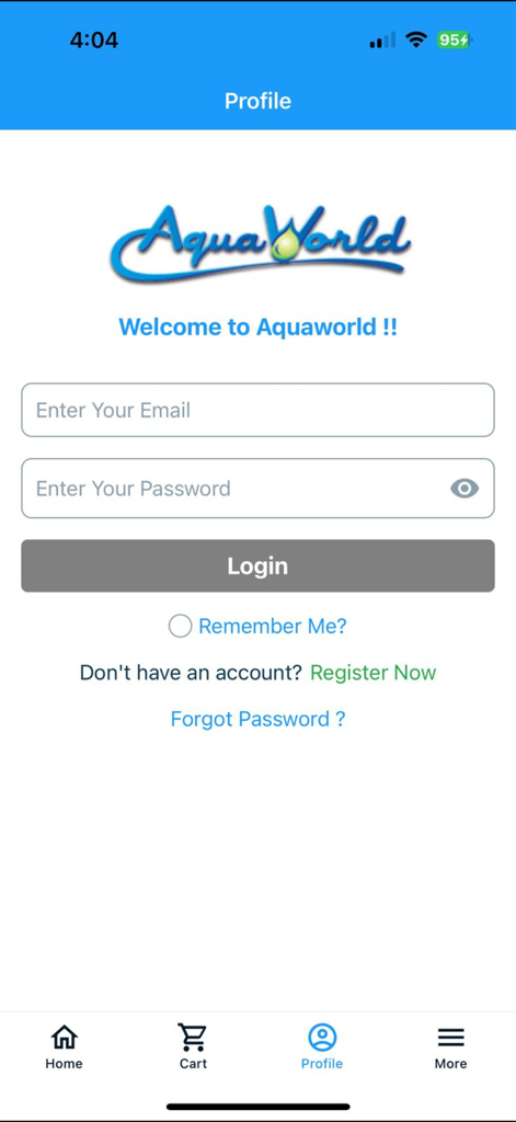 Aqua World - Aqua World app login page with email and password input fields