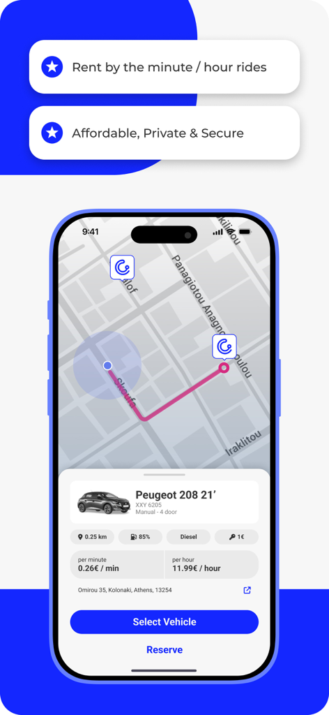 Caroo - Interface of the Caroo car sharing app showing a map with vehicle locations and rental pricing for a Peugeot 208.