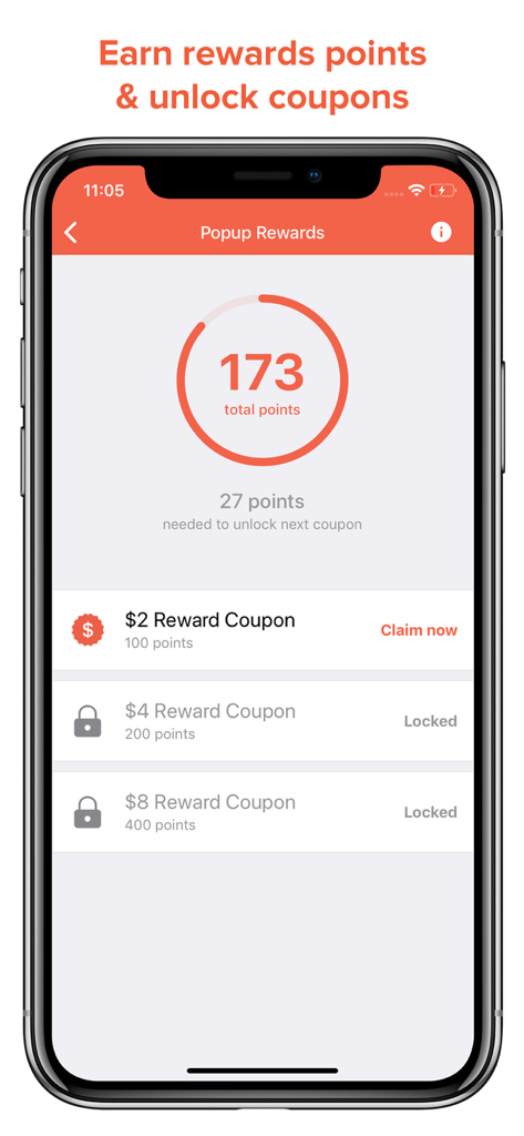 Interfaz de la aplicación Fooda que muestra la pantalla de Recompensas Emergentes con los puntos ganados y los cupones de almuerzo disponibles