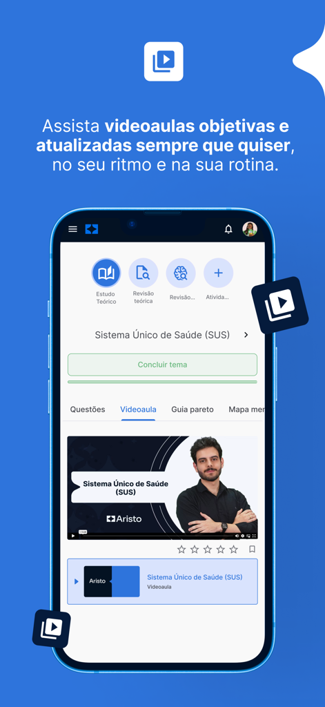 Aristo Class mobile app interface showing a video lesson for medical residency exam preparation