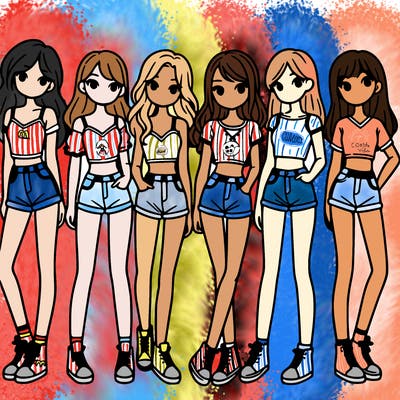 a group of girls wearing crop tops and shorts