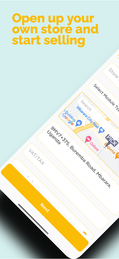 Sibo App - 지도 위치 및 주소 필드가 있는 Sibo 앱에서 지역 상점 설정을 위한 모바일 앱 화면.