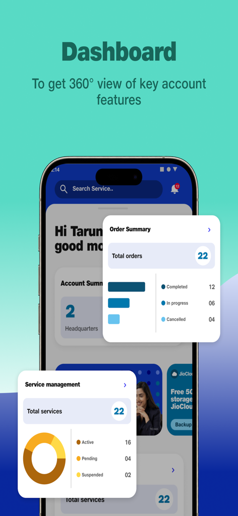 JioBusiness - JioBusiness app dashboard showing order summary and service management analytics