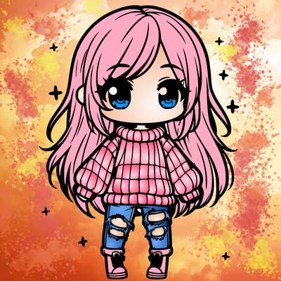 chibi girl with ripped jeans,long hair, and an oversized sweater