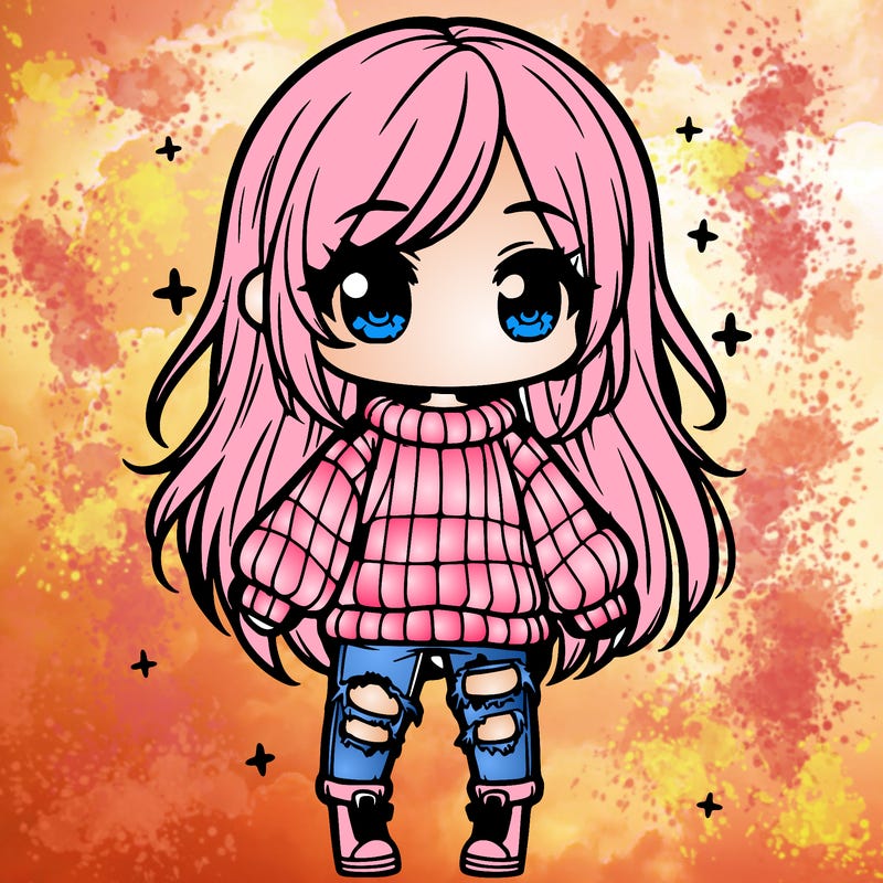 chibi girl with ripped jeans,long hair, and an oversized sweater