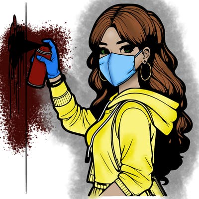 realistic girl with mask spray painting a wall