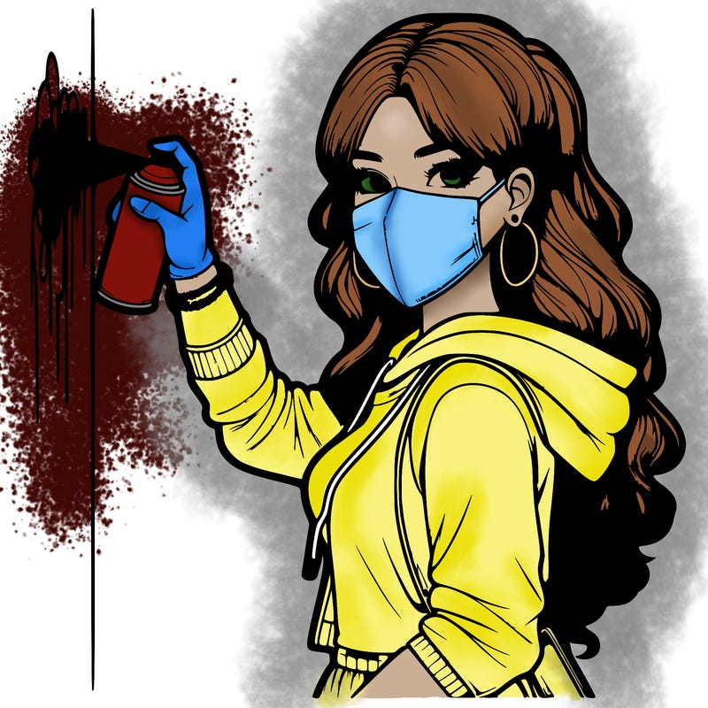 realistic girl with mask spray painting a wall