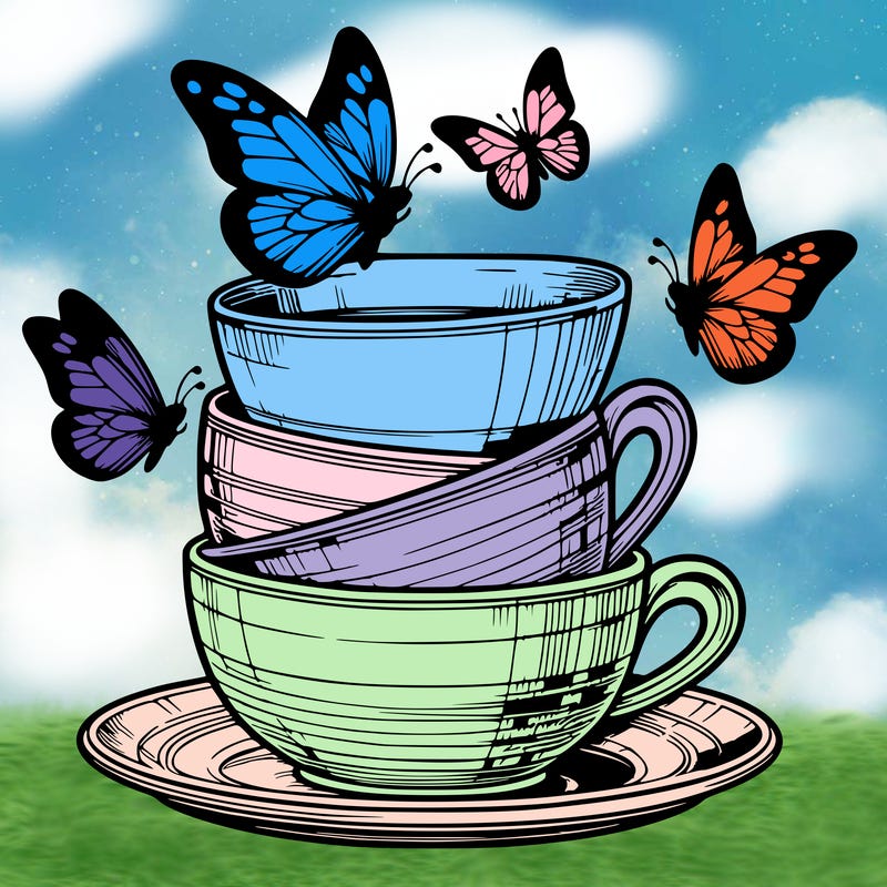 a stack of tea cups with butterfly’s flying around them realistic