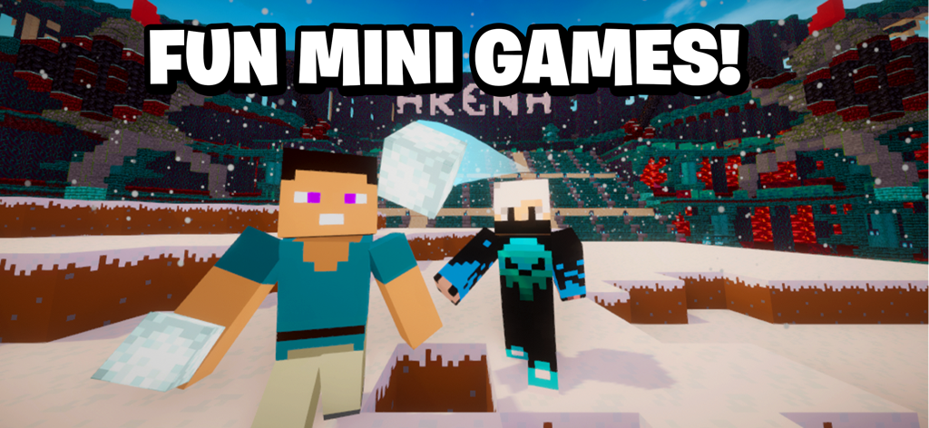 Build World: Sandbox Survival - Two blocky characters playing a snowball fight mini game in a snowy 3D arena