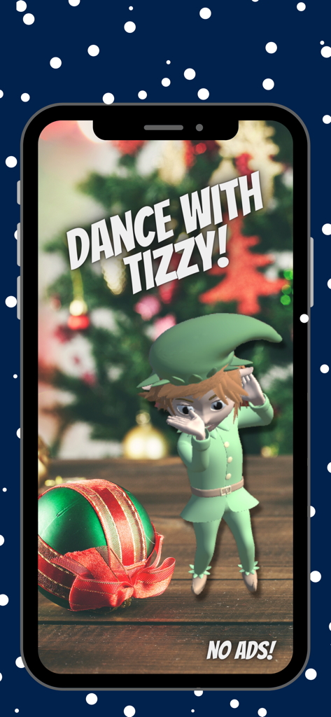 Tela de realidade aumentada mostrando o elfo de Natal Tizzy dançando ao lado de um enfeite de feriado.