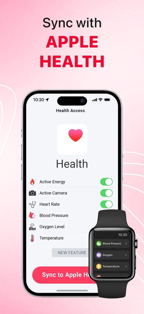 iCardiac: Heart Health Monitor - iCardiac app screenshot showing health data synchronization with Apple Health on iPhone and Apple Watch