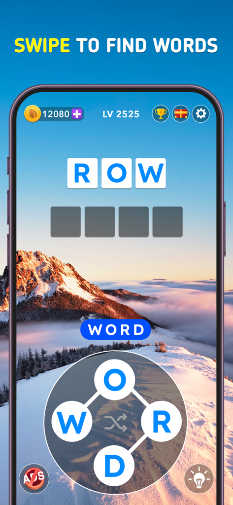 Word Tour: Trip Puzzle Game - Word Tour game screen showing a word connect puzzle with a snowy mountain landscape background