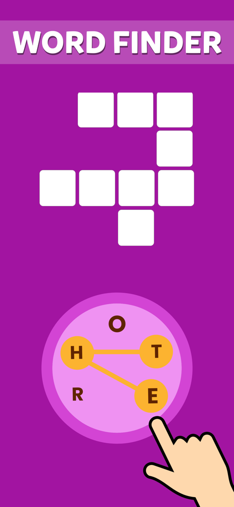 ワードファインダーミニゲームで単語検索パズルを解くために文字を選択している手