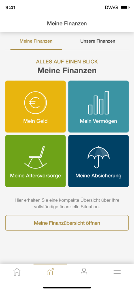 MeineApp DVAG - Dashboard der MeineApp DVAG Finanz-App mit Kategorien für Geldvermögen, Altersvorsorge und Versicherungen