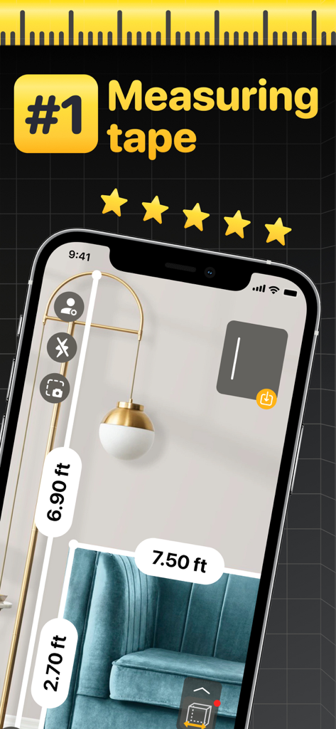 The Tape Measure & 3D Scanner - Pantalla de iPhone mostrando medición AR de muebles en una sala de estar