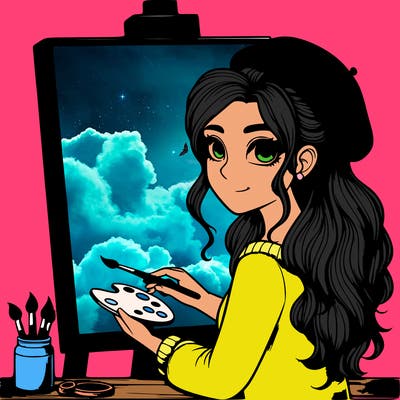 realistic girl artist painting a blank canvas