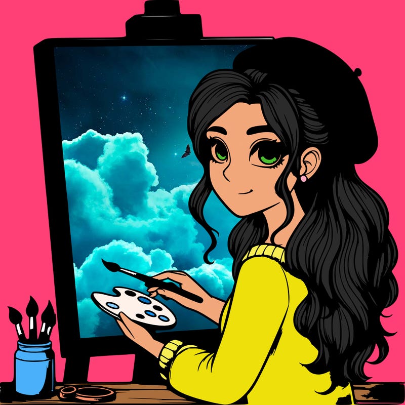 realistic girl artist painting a blank canvas