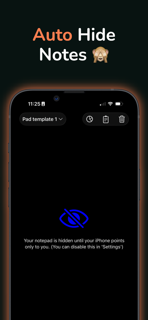 Clue Notepad - Detective Game - Interfaz que muestra la función Ocultar Notas Automáticamente de privacidad de la aplicación Clue Notepad para mantener secretas las notas del juego