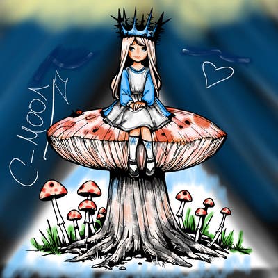 realistic girl sitting on a huge tree stump size toadstool with thorn crown