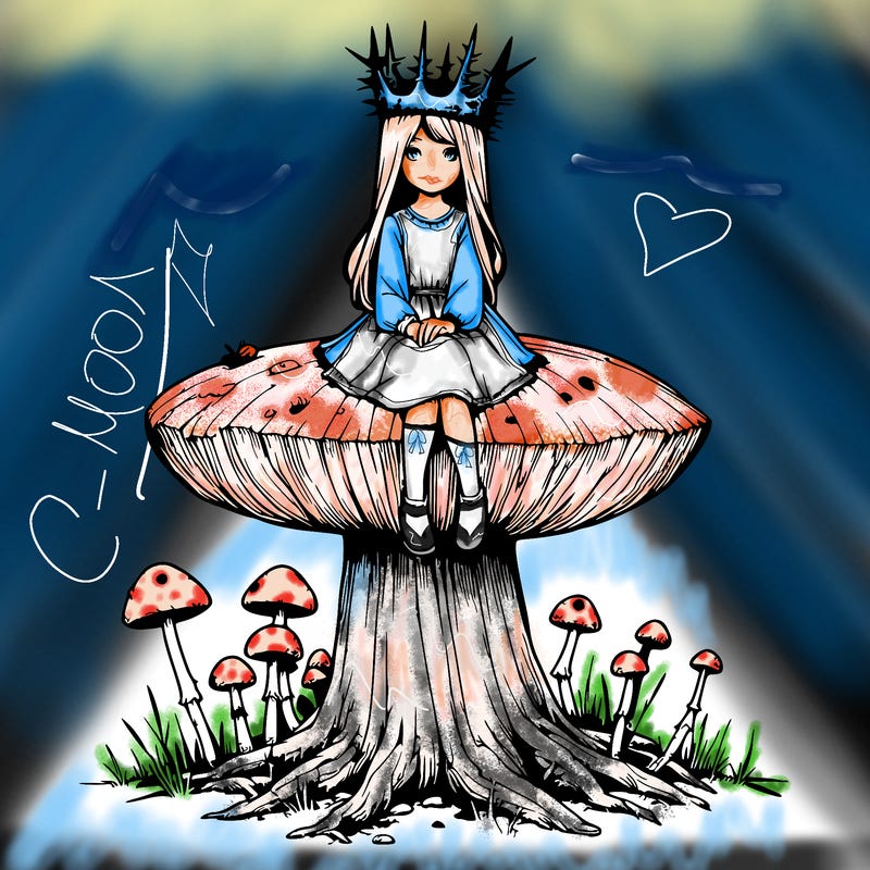 realistic girl sitting on a huge tree stump size toadstool with thorn crown