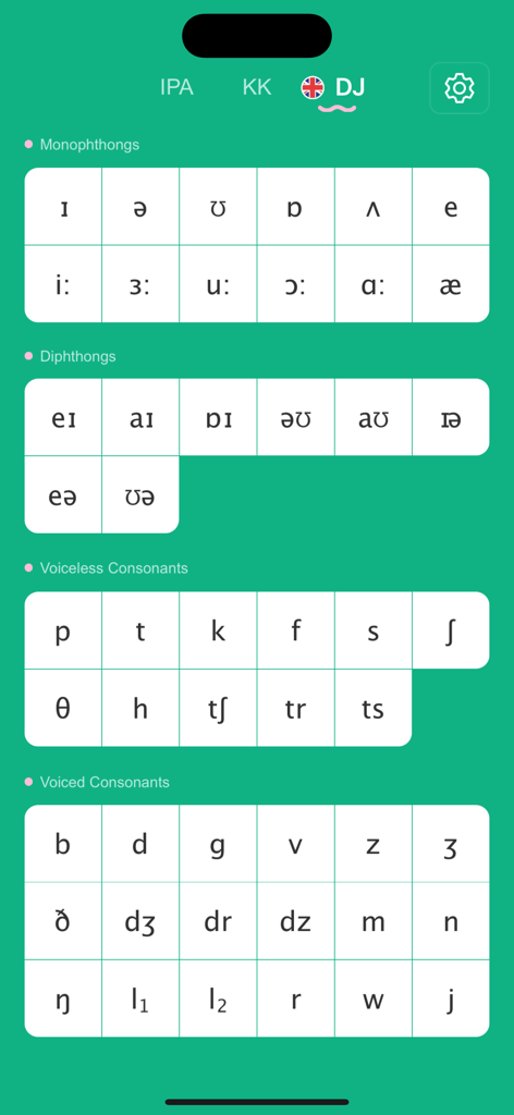 English Phonetics Pro - English Phonetics Pro app interface displaying a grid of phonetic symbols categorized into monophthongs, diphthongs, and consonants.