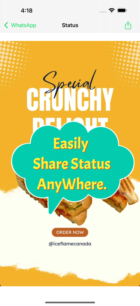 Status downloader - Interface of the Status downloader app showing a food status with a text overlay about sharing status anywhere