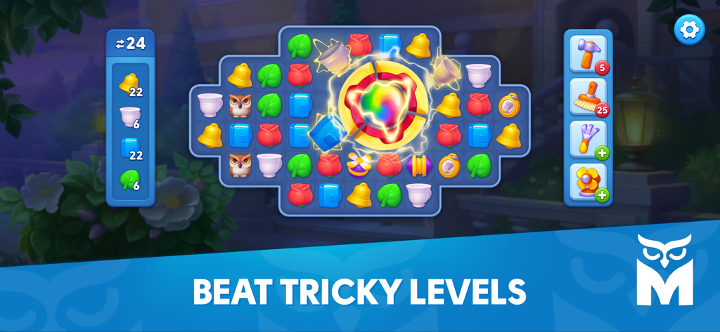 Mystery Matters Adventure Game - Mystery Matters match-3 puzzle level with colorful items and boosters