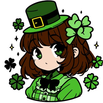 a manga-style girl with clovers around her, a little hat in her hair, like it's saint patrick's day