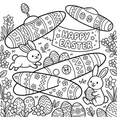 Get ready for an extraordinary Easter with this one-of-a-kind coloring page! Imagine cigar-shaped UFOs joining the festive fun alongside adorable bunnies and beautifully patterned eggs, offering a delightful and whimsical artistic experience.