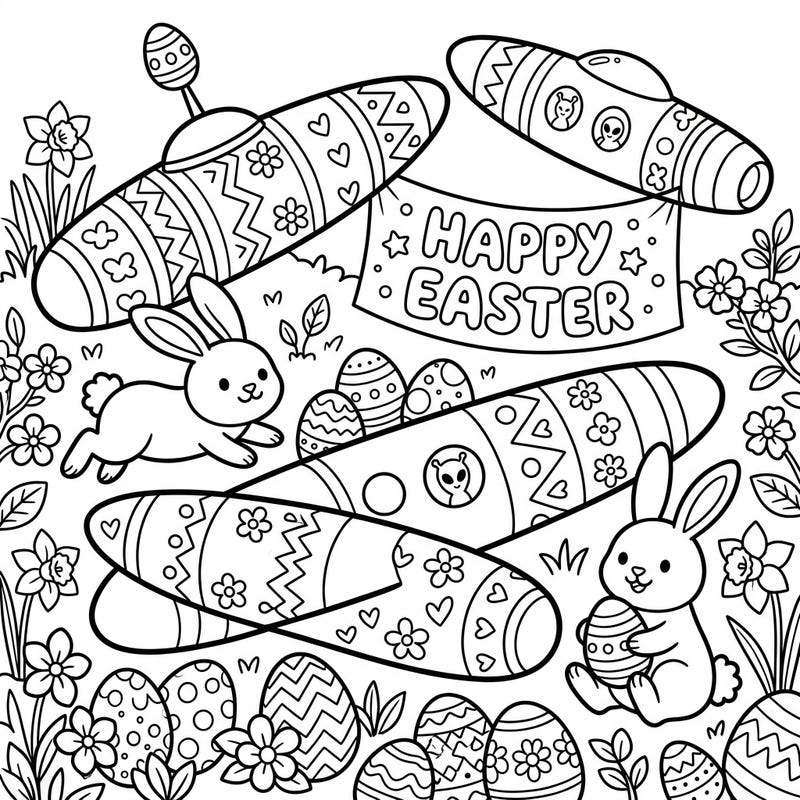 Get ready for an extraordinary Easter with this one-of-a-kind coloring page! Imagine cigar-shaped UFOs joining the festive fun alongside adorable bunnies and beautifully patterned eggs, offering a delightful and whimsical artistic experience.