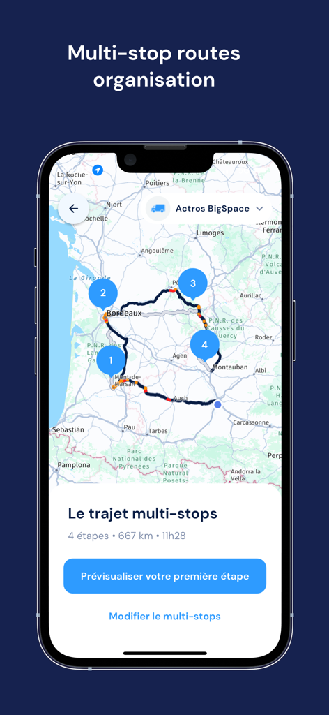 NavXL Truck Navigation - Kartenansicht einer optimierten Multi-Stop-LKW-Route in der NavXL Navigations-App.
