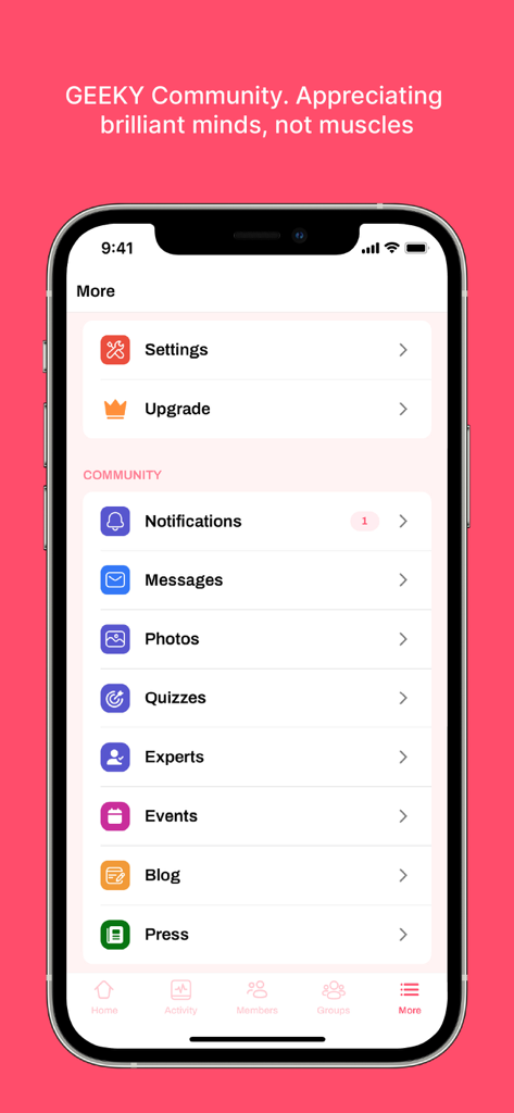 More menu screen of the Geek Meet Club app showing community features like quizzes experts and events