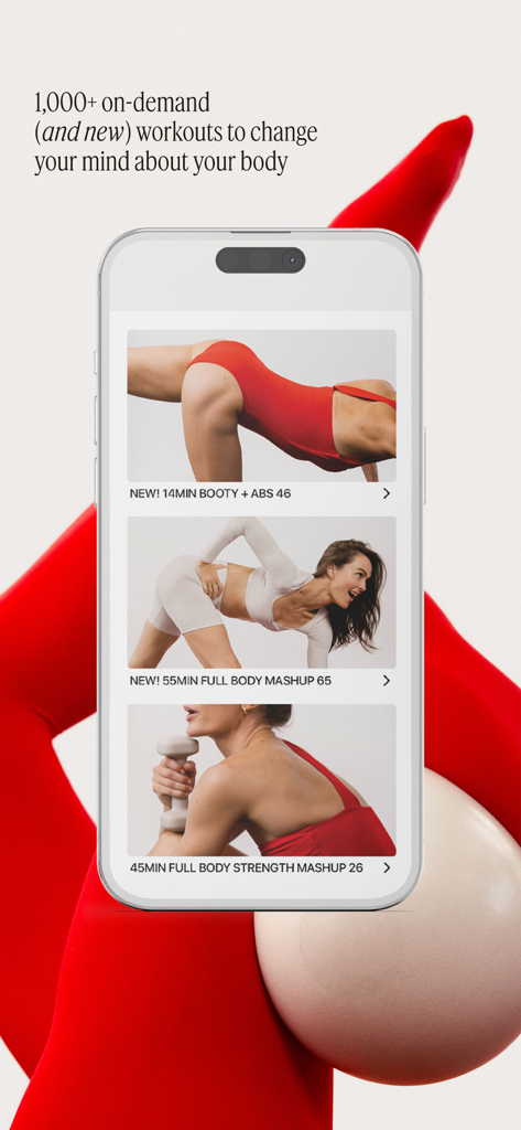 The Sculpt Society mobile app showing a list of on-demand fitness classes including booty abs and full body strength workouts